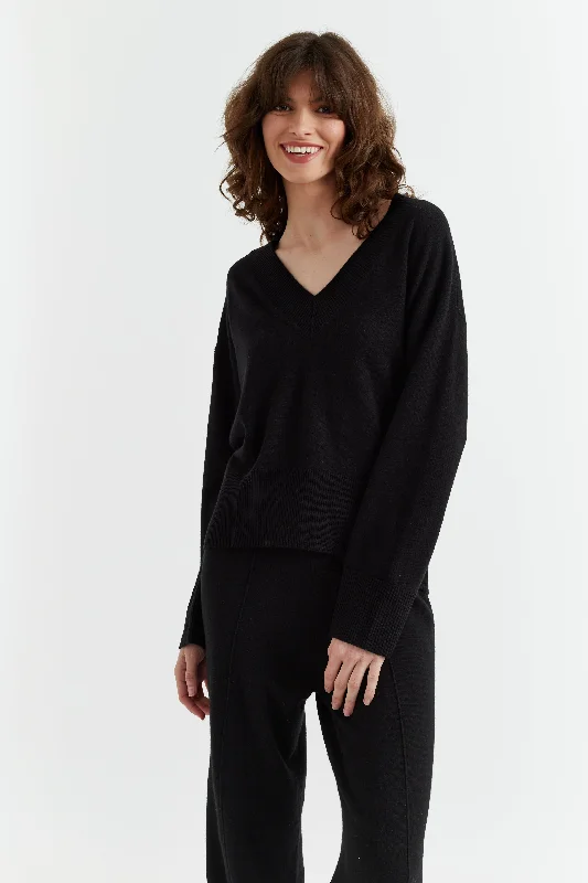 Black Wool-Cashmere V-Neck Sweater