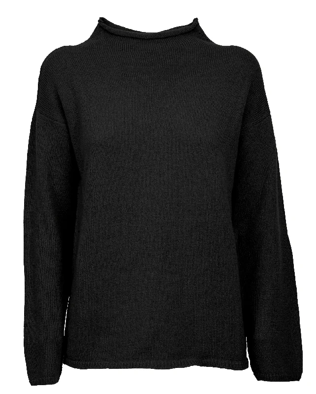 NEW FALL 24 - Women's Woold & Cashmere Wide Funnel Neck Sweater Black by Monticelli Cashmere