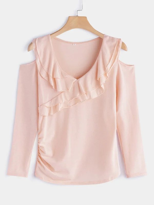 OEM ODM Cold Shoulder Deep V Neck Plain Crossed Front Tiered Cut Out Pleated Long Sleeve Pink T-Shirts