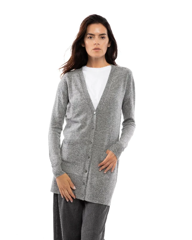 NEW FALL 24 - Women's Long Pure Cashmere Cardigan Sweater Melange Gray by Monticelli Cashmere