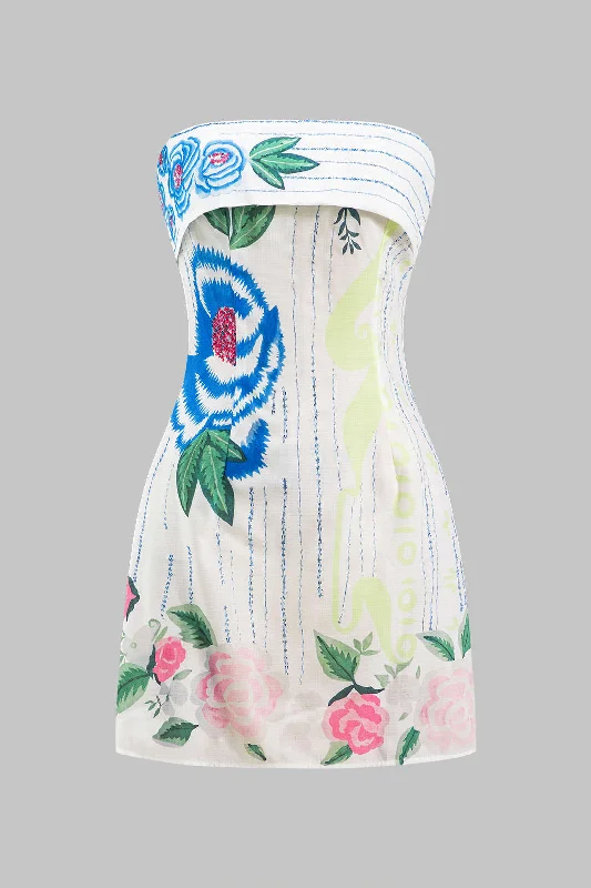 Floral Print Sleeveless Zipper Strapless Mini Dress