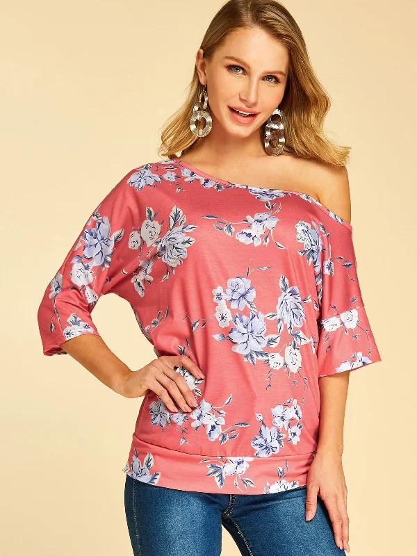 OEM ODM One Shoulder Floral Print 3/4 Sleeve Red T-Shirts