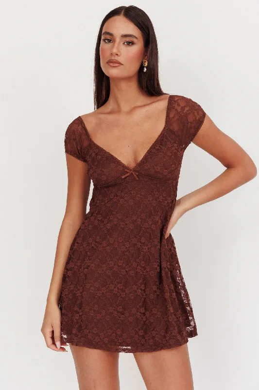 Shadows Lace Overlay Mini Dress Brown