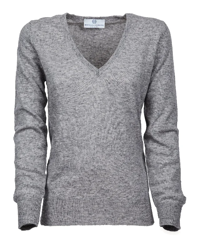 NEW FALL 24 - Women's Pure Cashmere V-Neck Sweater Melange Gray by Monticelli Cashmere