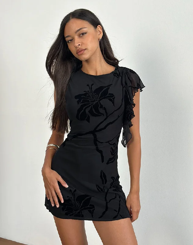 Salya Mini Dress in Orchids Flock Black