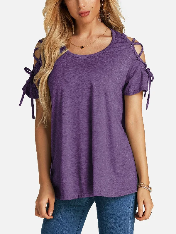 OEM ODM Round Neck Lace-Up Short Sleeve Purple T-Shirts