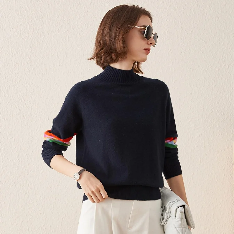 100% Cashmere Sweater with Multicolored Striped Sleeves