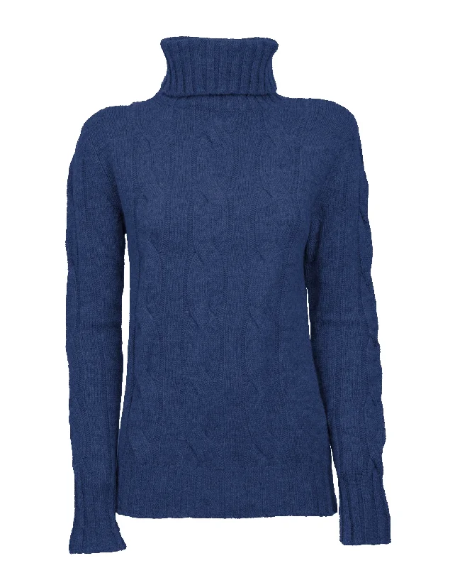 NEW FALL 24 - Women's Pure Cashmere Cable Knit Turtleneck Sweater Melange Blue by Monticelli Cashmere