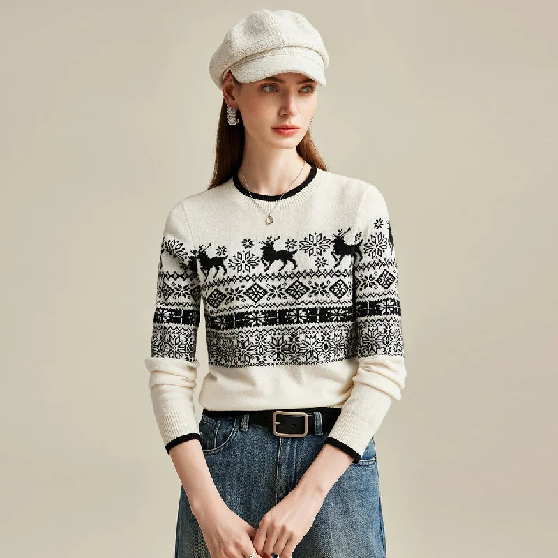 100% Cashmere Classic Nordic Reindeer Knit Sweater