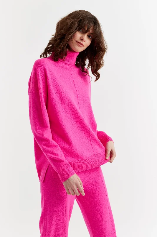 Fuchsia Wool-Cashmere Relaxed Rollneck Sweater