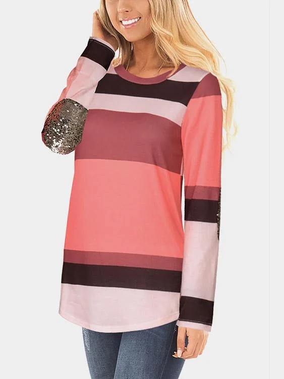 Wholesale Pink Round Neck Long Sleeve Stripe Sequins Embellished Curved Hem T-Shirts