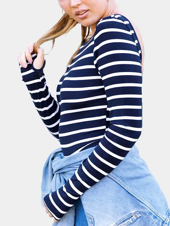 Custom Round Neck Stripe Backless Long Sleeve Navy T-Shirts