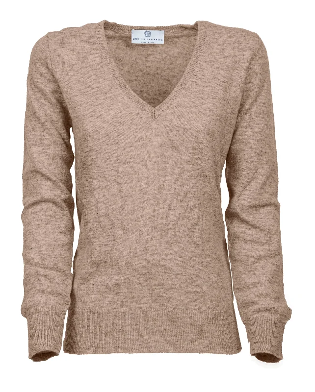 NEW FALL 24 - Women's Pure Cashmere V-Neck Sweater Taupe by Monticelli Cashmere