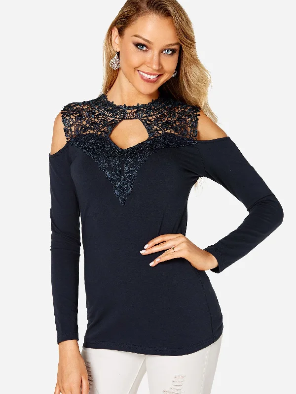 Custom Cold Shoulder Lace Cut Out Long Sleeve Top