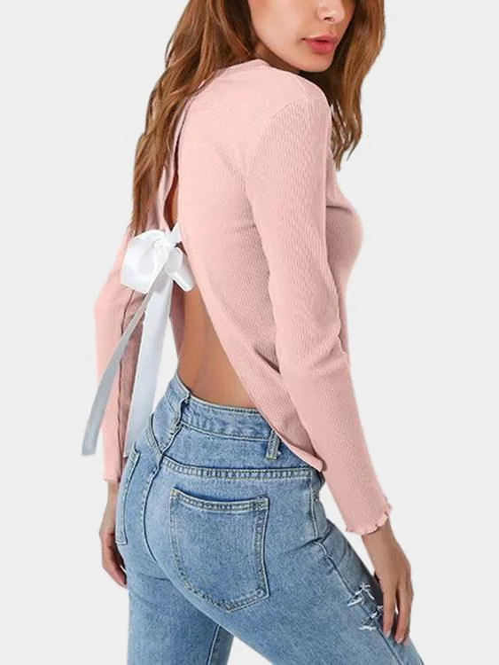 Custom V-Neck Long Sleeve Slit Hem Pink Top