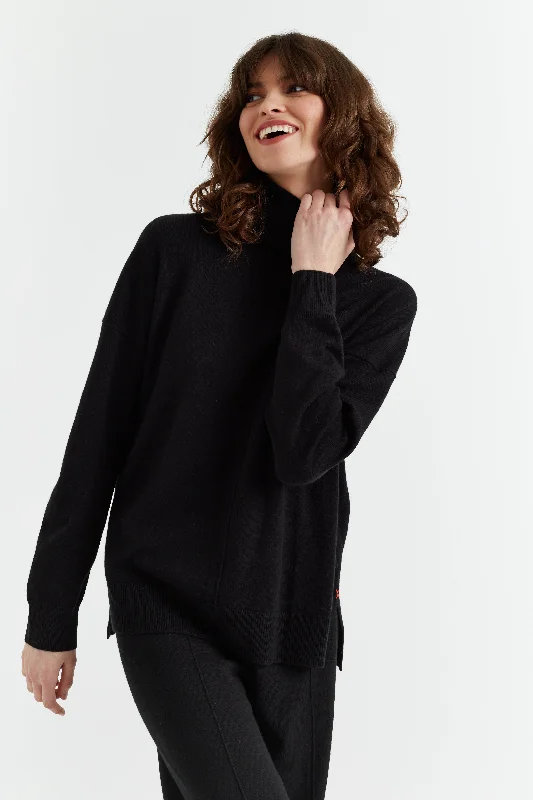 Black Wool-Cashmere Relaxed Rollneck Sweater