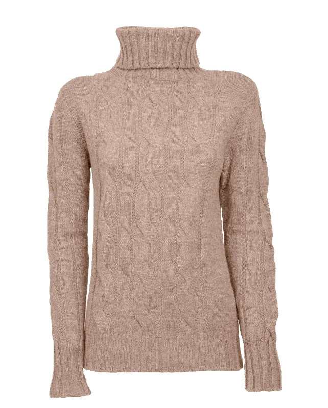 NEW FALL 24 - Women's Pure Cashmere Cable Knit Turtleneck Sweater Taupe by Monticelli Cashmere