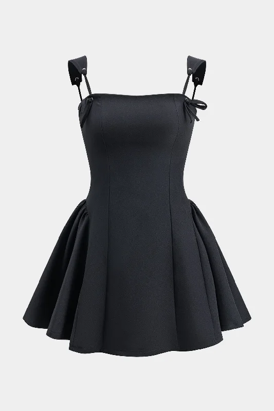 Pleated Bow Zipper Tie Back Slip Mini Dress