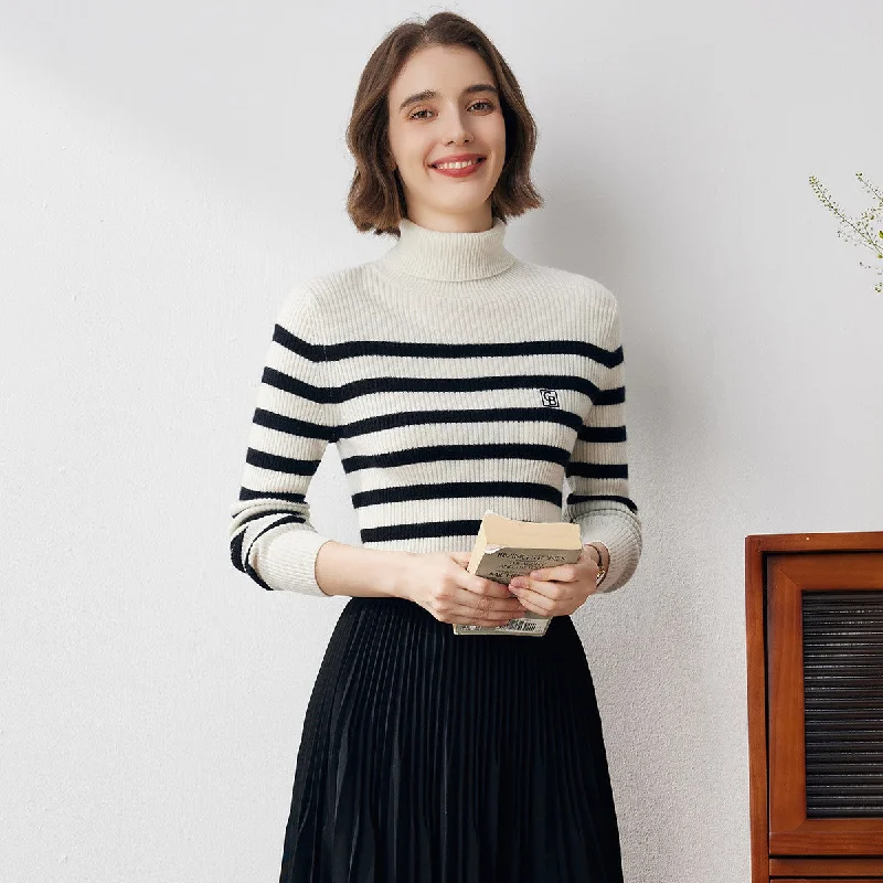 100% Cashmere Striped Turtleneck Knit Sweater