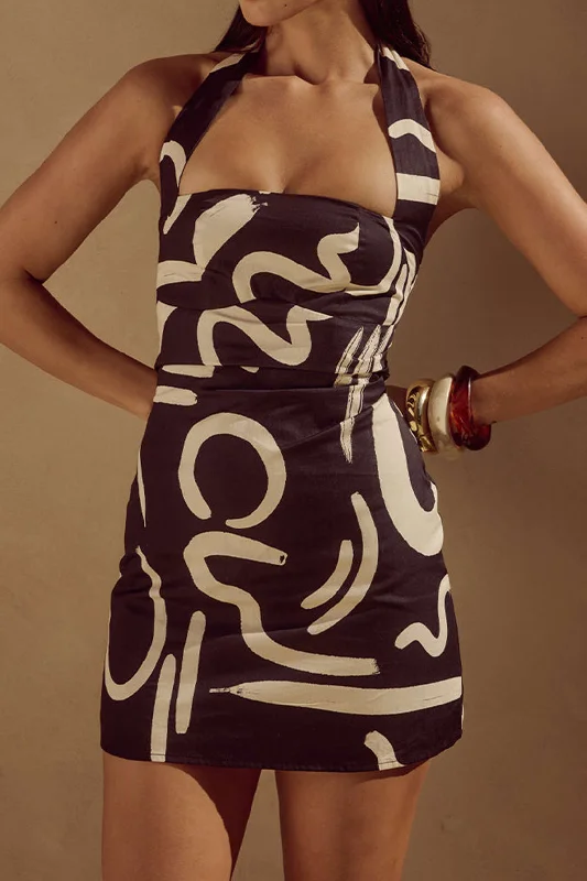 Abstract Print Tie Up Zipper Backless Mini Dress