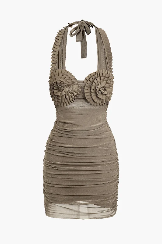 Pleated Mesh Halter Mini Dress