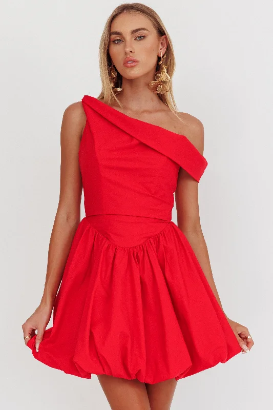 Celinda Asymmetric Neckline Balloon Mini Dress Red