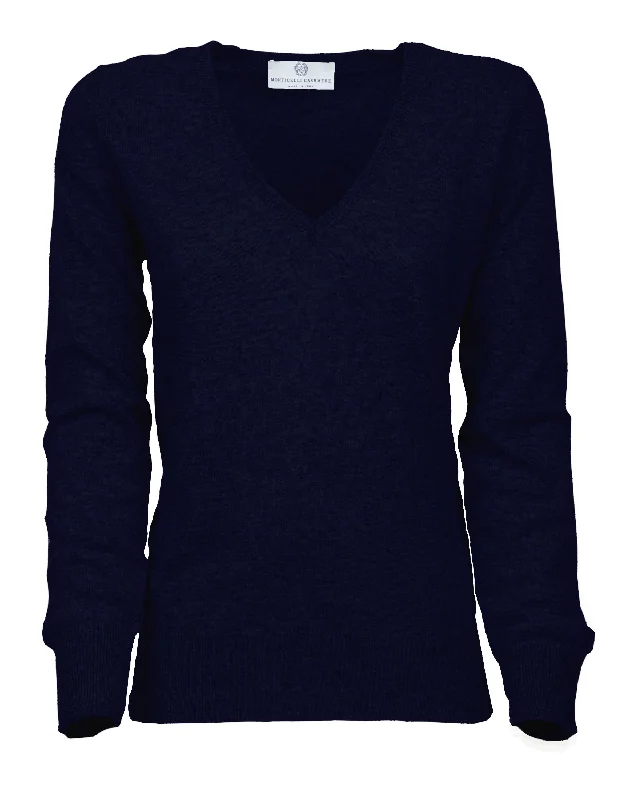 NEW FALL 24 - Women's Pure Cashmere V-Neck Sweater Night Blue by Monticelli Cashmere