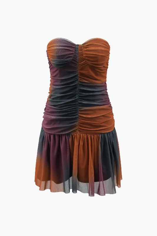 Tie Dye Mesh Ruched Strapless Mini Dress