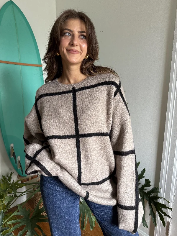 Lilah Taupe Grid Patterned Knit Pullover Sweater