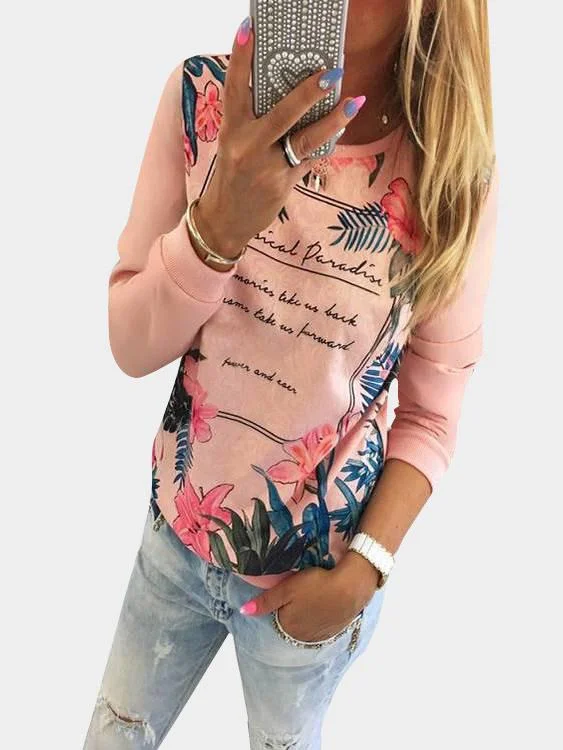 Custom Crew Neck Floral Print Long Sleeve Pink T-Shirts