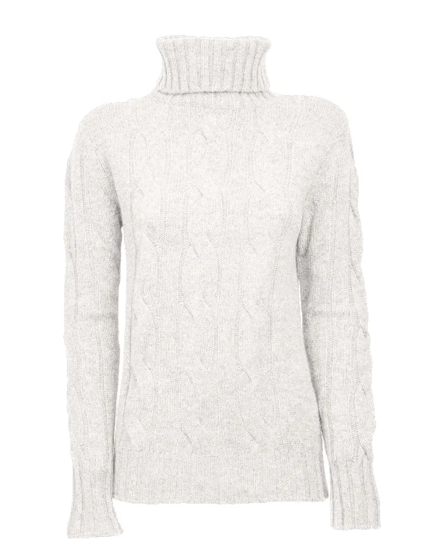 NEW FALL 24 - Women's Pure Cashmere Cable Knit Turtleneck Sweater Off White by Monticelli Cashmere