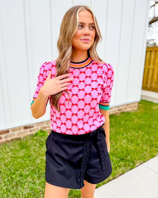 THML Pink Short Sleeve Bow Knit Top