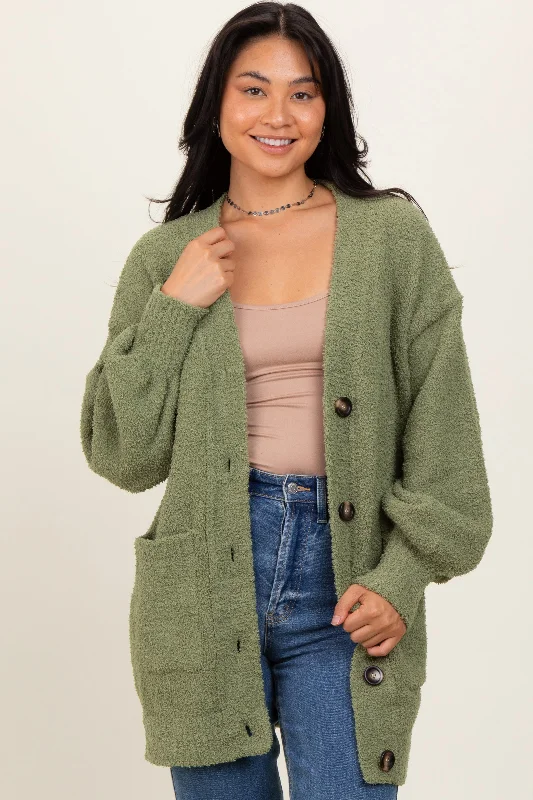 Light Olive Fuzzy Knit Oversized Button Up Cardigan