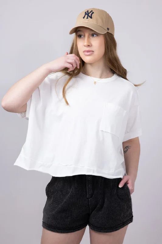 Oversized Cropped Mineral Wash Knit T-Shirt for Women in White | NT11429-WHITE