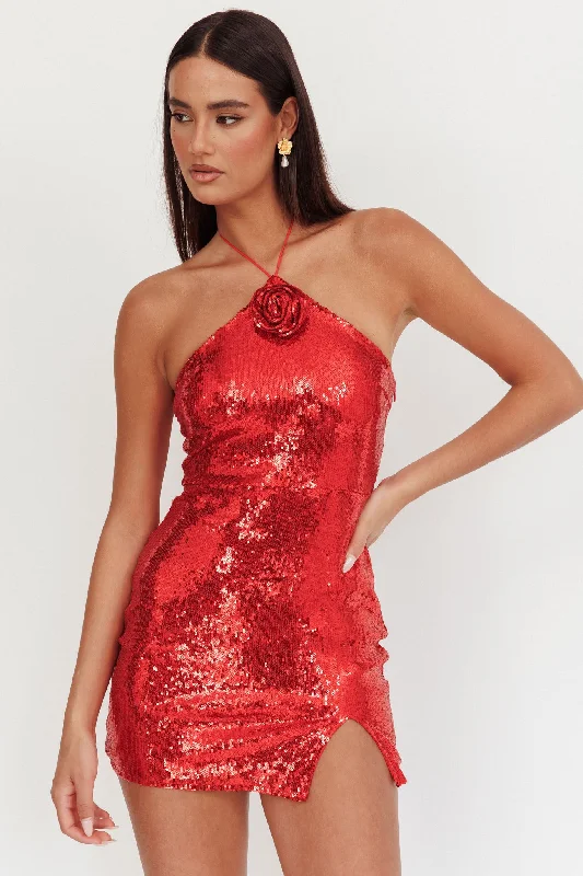 Senora Halter Sequin Mini Dress Red