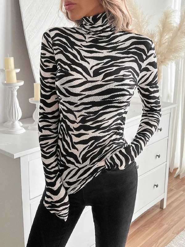 Zebra Print Turtleneck Long Sleeve T-Shirt