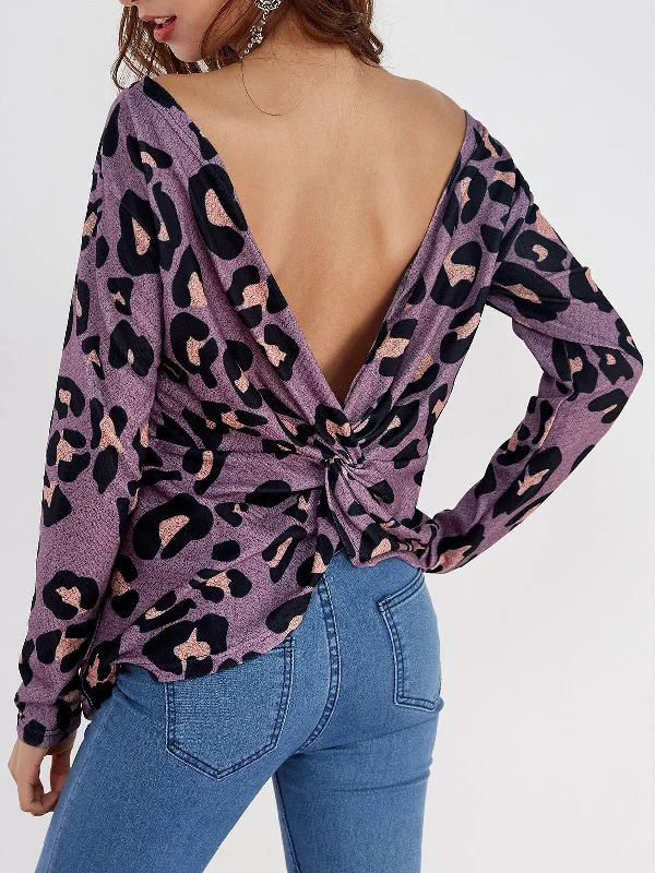 Custom Bateau Leopard Backless Long Sleeve Purple T-Shirts