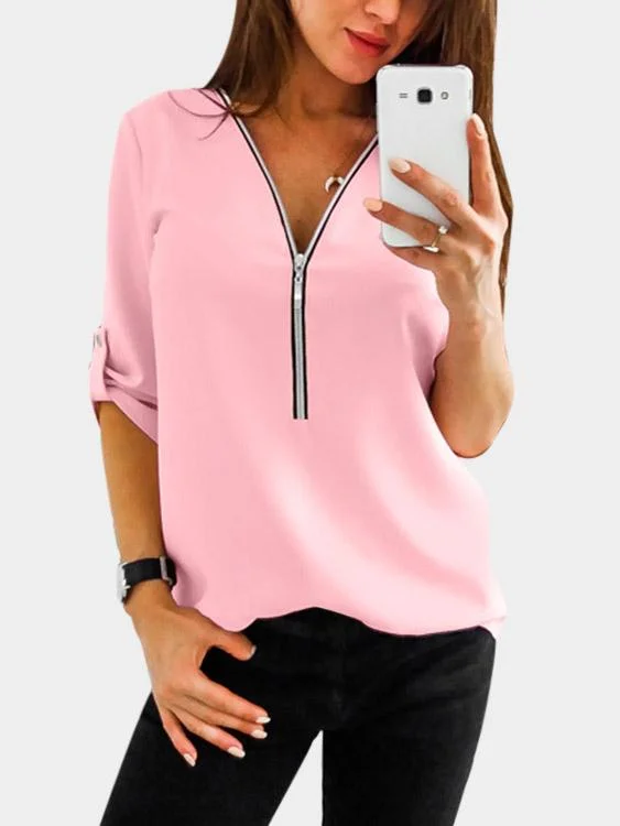 OEM ODM V-Neck Zip Back Long Sleeve Curved Hem Pink T-Shirts