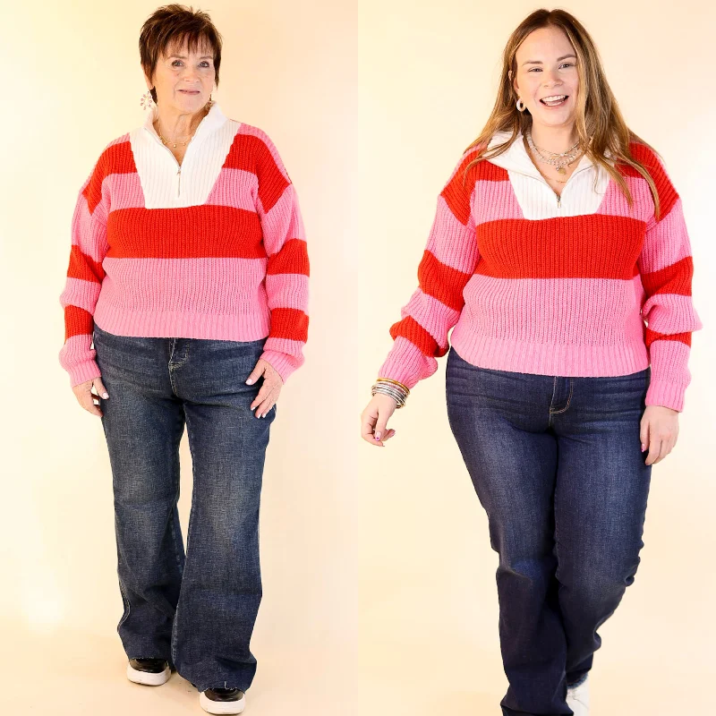 Candy Crush Half Zip Striped Rugby Style Sweater in Red and Pink