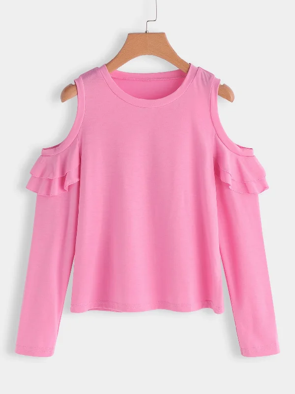 OEM ODM Round Neck Cold Shoulder Plain Long Sleeve Flounced Hem Pink T-Shirts