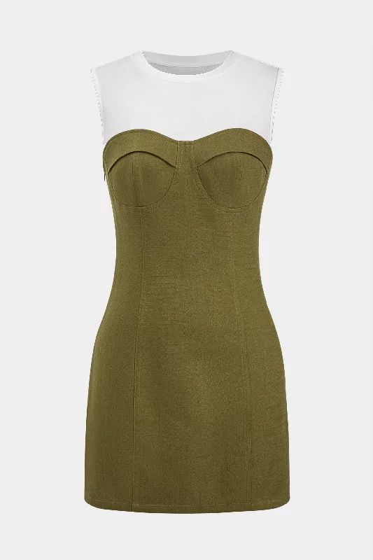 Contrast Linen Patchwork Bustier Sleeveless Mini Dress