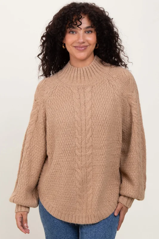 Beige Mixed Chunky Cable Knit Mock Neck Sweater