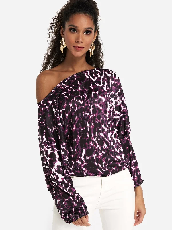 Custom One Shoulder Leopard Long Sleeve Purple T-Shirts