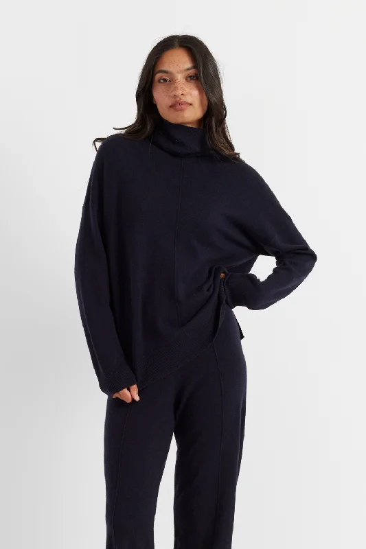 Navy Wool-Cashmere Relaxed Rollneck Sweater