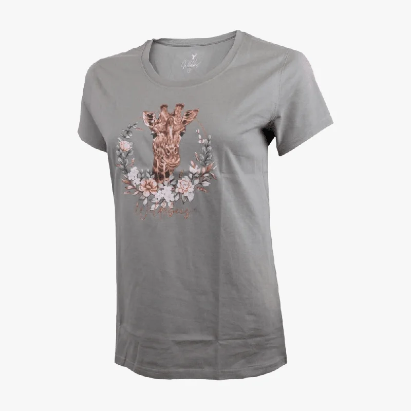 Wildebees Womens Giraffe Wreath Short Sleeve Tee Charcoal Mel