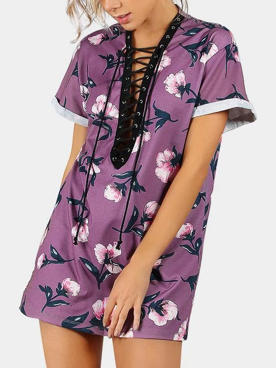 Custom Deep V Neck Floral Print Lace-Up Short Sleeve Purple T-Shirts