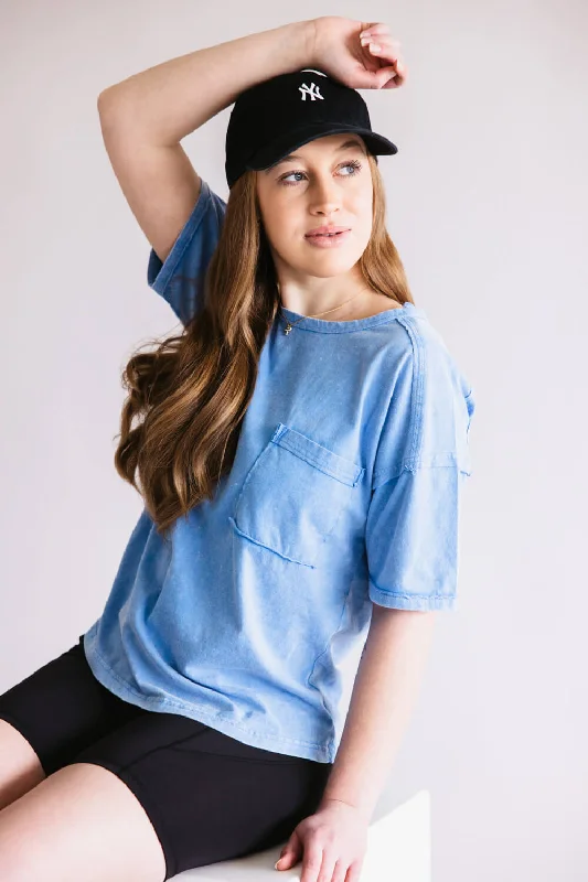 Mineral Wash Pocket T-Shirt for Women in Blue | NT11108-BLUE