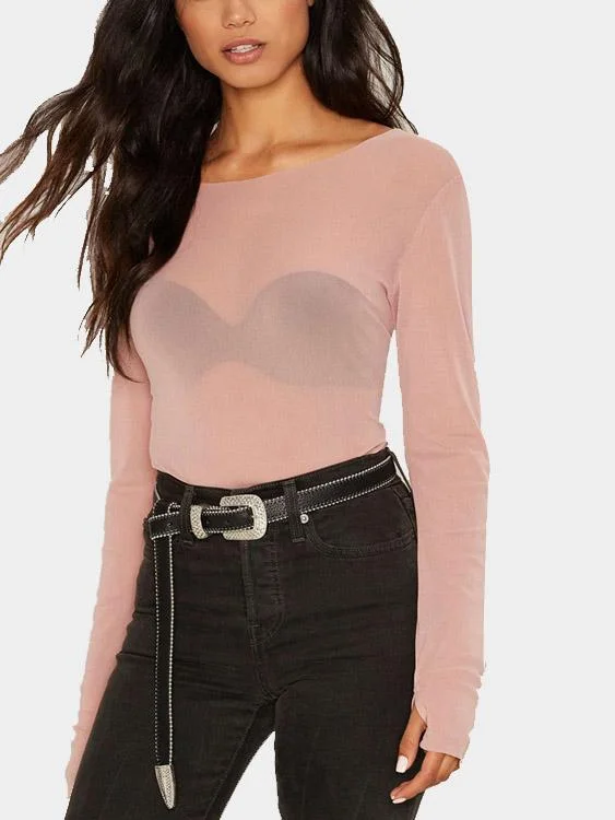 OEM ODM Round Neck Sheer Long Sleeve Pink T-Shirts