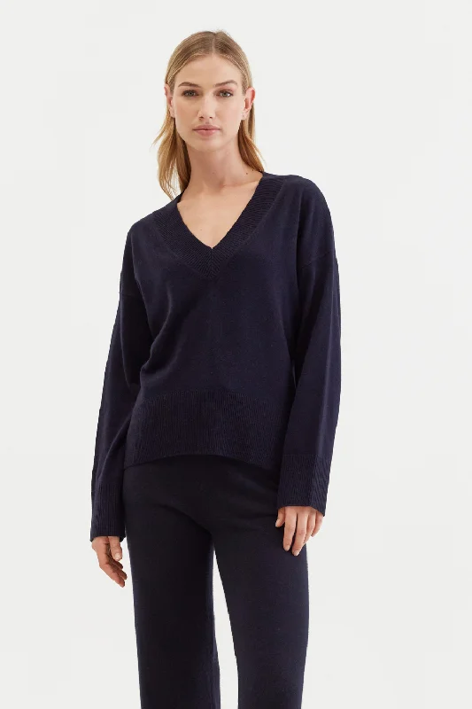 Navy Wool-Cashmere V-Neck Sweater