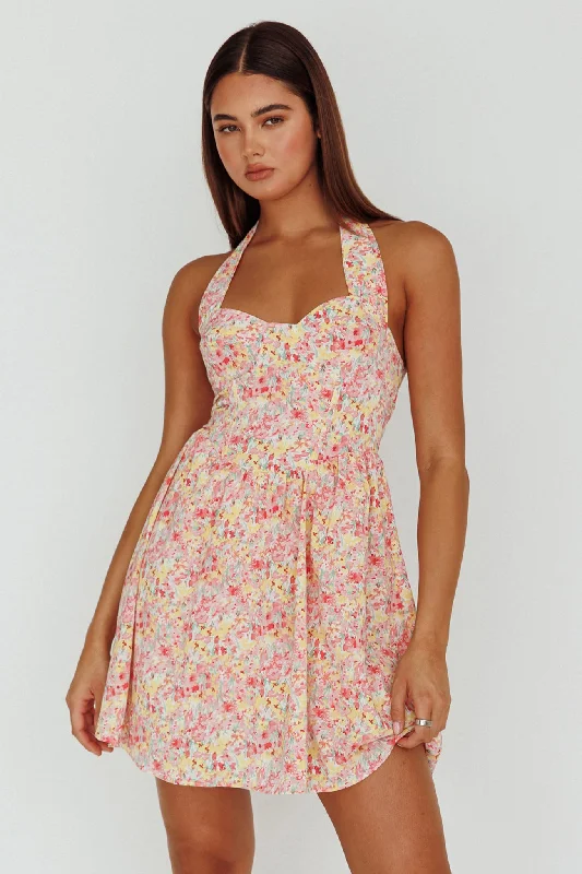 Hey Baby Halterneck Mini Dress Pink Floral